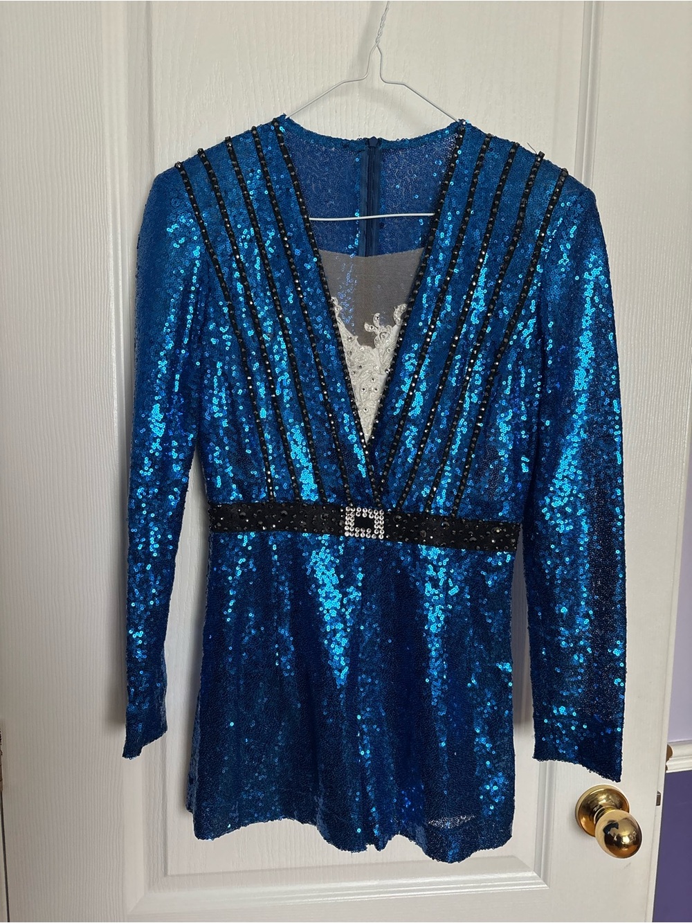 Blue Sequin Figure Skating Dance Costume One-Piece Jumper